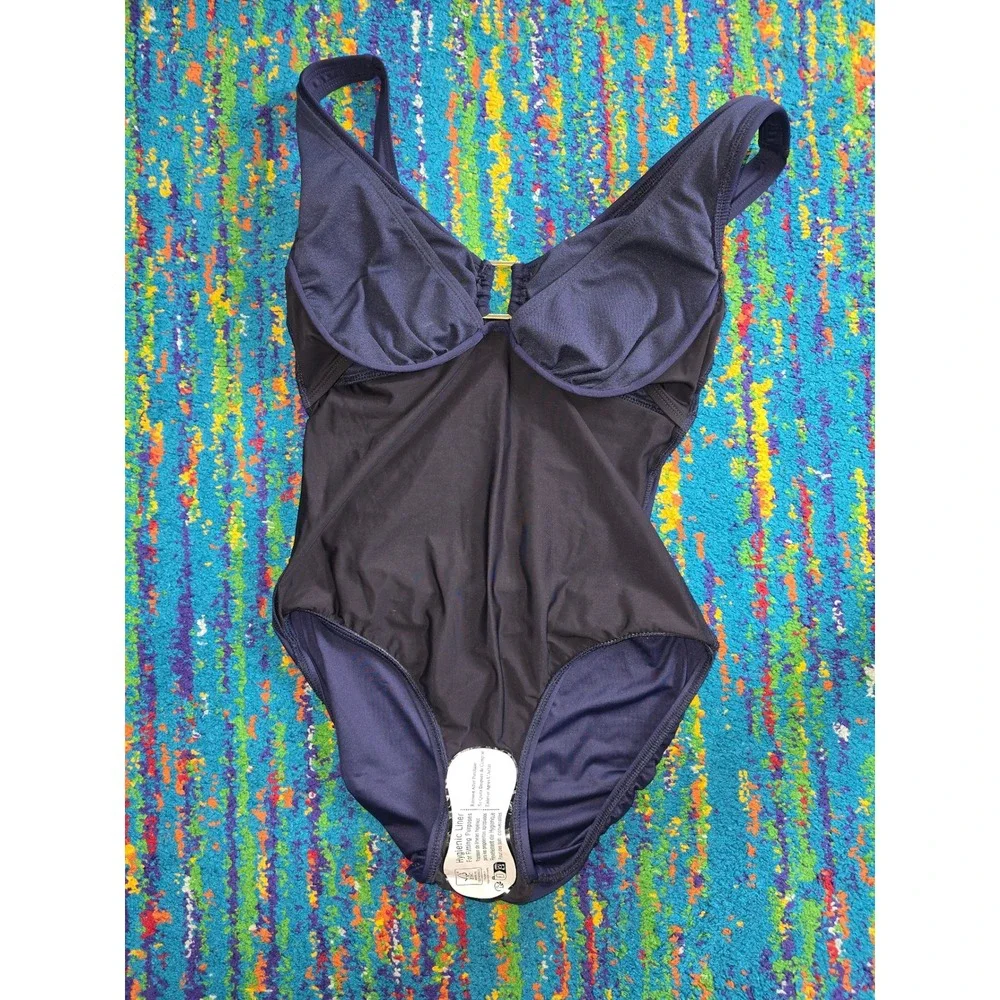 NWT Lauren Ralph‎ Lauren One Piece Swimsuit Navy Blue Ruched Underwire  Size 4